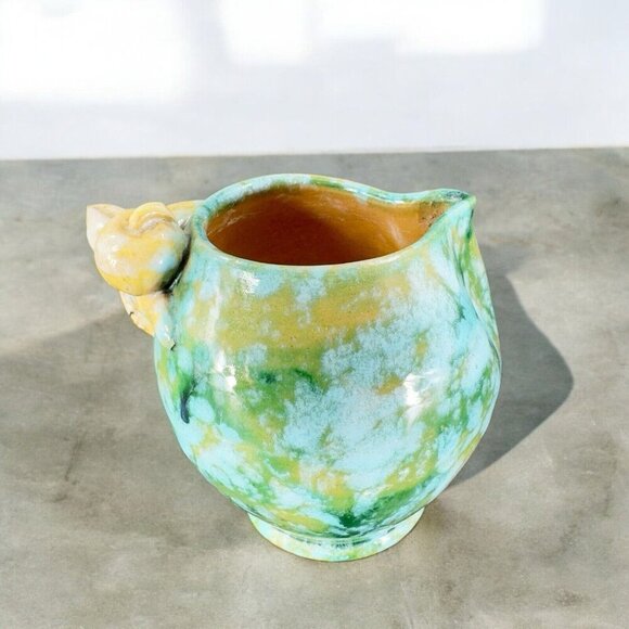 Vintage Hand Made Italian Pottery Small Pitcher Creamer Made Italy Leaf Handle - Picture 2 of 16